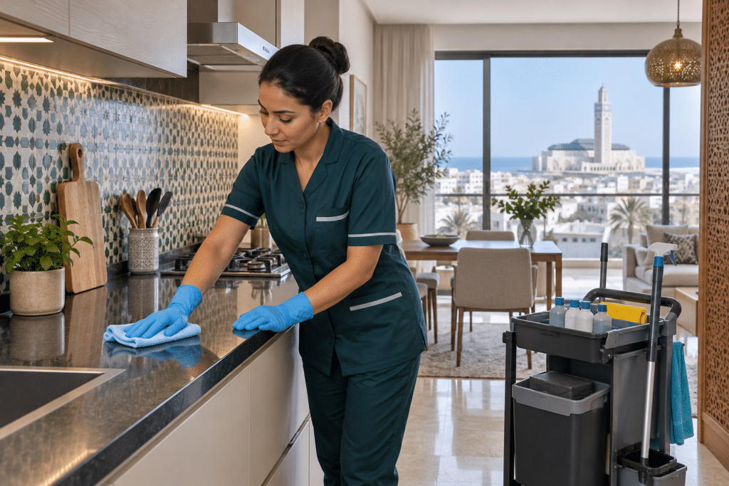 Professionnelle nettoyant un plan de travail de cuisine dans un appartement à Casablanca, illustration du nettoyage au Maroc