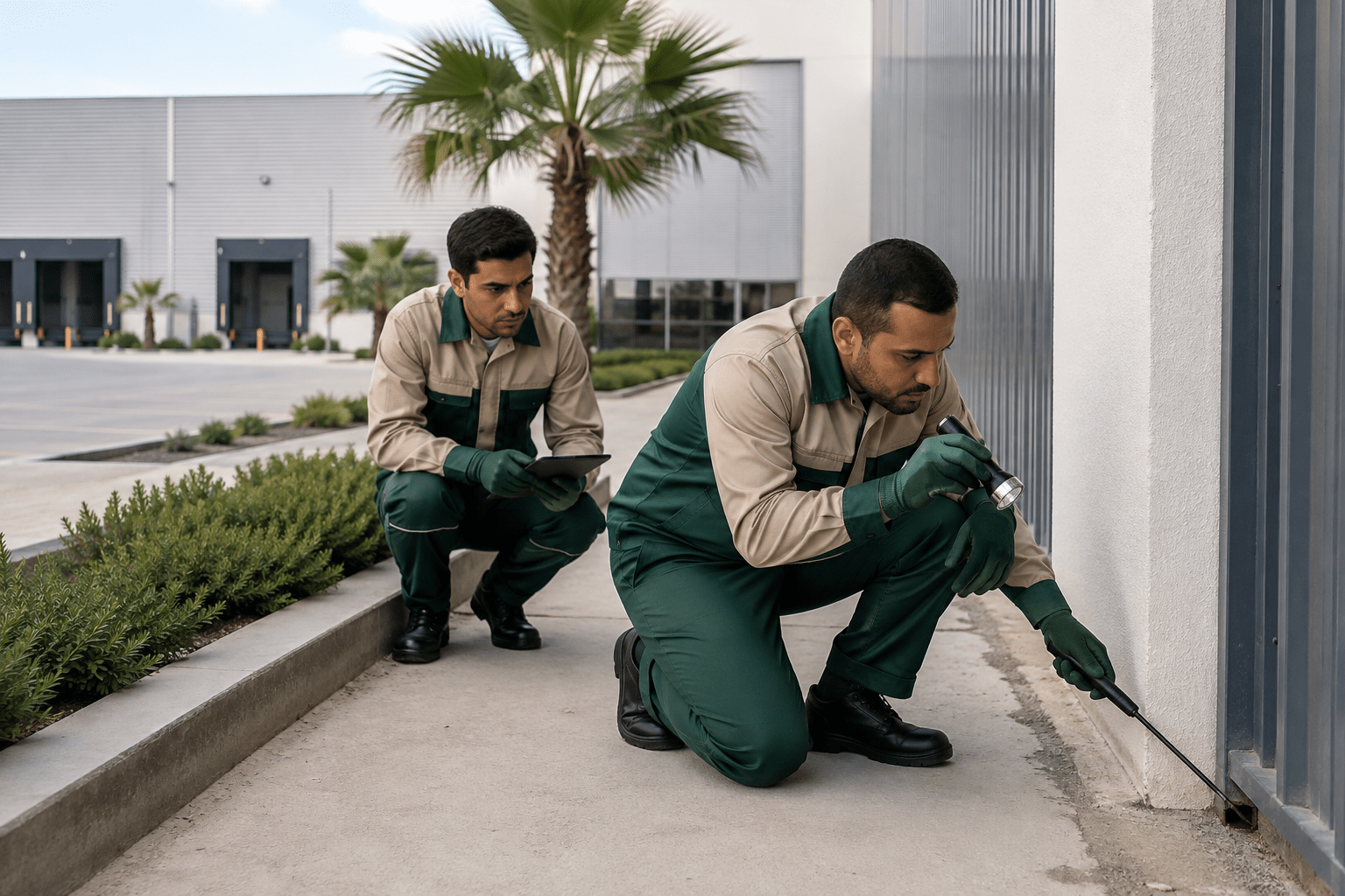 Techniciens WaShow Maroc inspectant un entrepôt pour prévenir les reptiles au Maroc