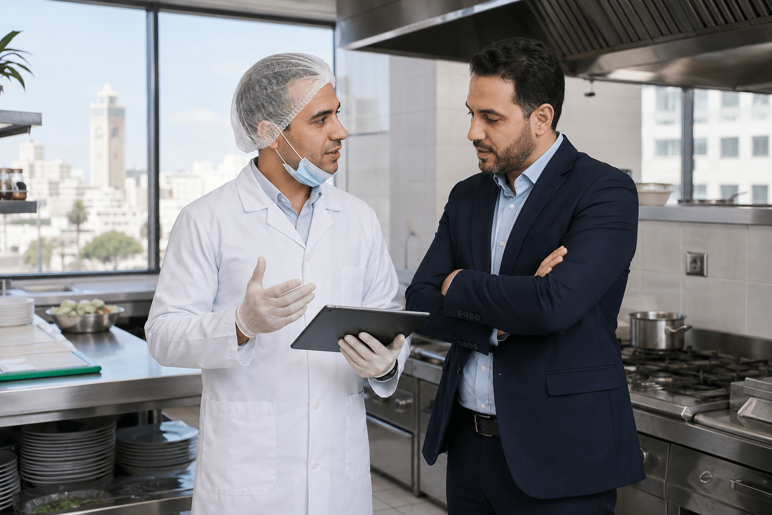 Expert en hygiène WaShow Maroc conseillant un responsable de restaurant à Casablanca