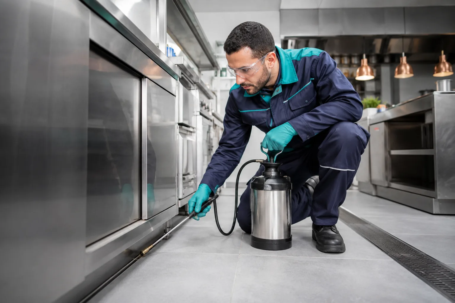 Technicien WaShow Maroc réalisant un traitement de désinsectisation dans une cuisine professionnelle à Casablanca
